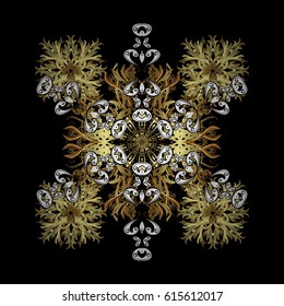 Vector in black colors on black background with doodles and golden elements. Snowflakes winter New Year.