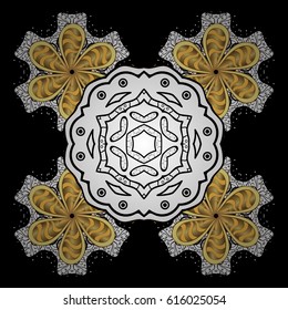 Vector in black colors on black background with doodles and golden elements. Snowflakes winter New Year.