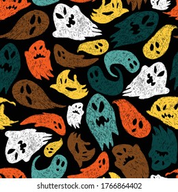 Vector black colourful cute sketch of cartoon ghosts seamless pattern. Background for halloween posters, greeting cards, invitations, web design, wrapping paper.