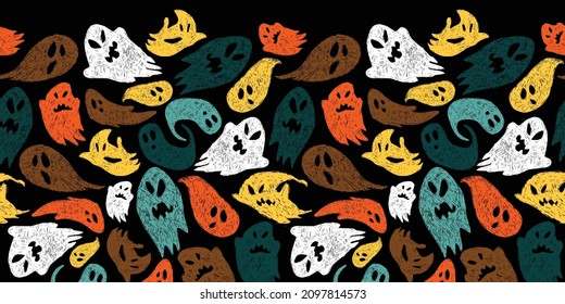 Esbozo lindo de color negro vectorial del patrón de borde horizontal de los fantasmas de dibujos animados. Antecedentes para afiches de halloween, tarjetas de felicitación, invitaciones, diseño web, papel de envoltura.