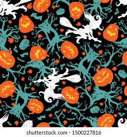 Vector black colourful hand drawn halloween repeat pattern. Suitable for textile, gift wrap and wallpaper.