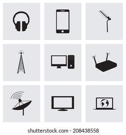 Vector black communication icons set on grey background