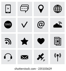 Vector black communication icons set on grey background.