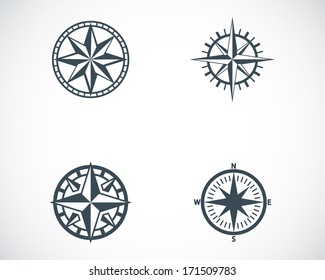 Vector black compass icons set on white background