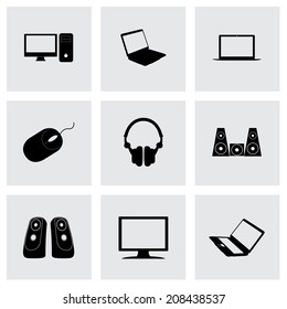 Vector black computer icons set on grey background