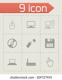 Vector black computer icons set on grey background