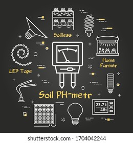 Vector black concept of hydroponic and growth led light - soil PH-meter