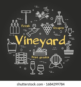 Vector black concept with icons showing wine making process and text vineyard
