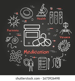 Concepto negro vectorial de medicación y pastillas