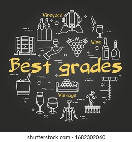 Vector black concept of winemaking with text Best Grades