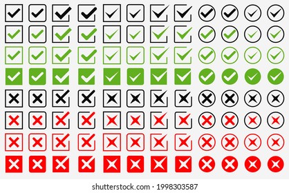 Vector black confirm icons set. Large set of flat buttons: green check marks and red crosses. Circle and square, hard and rounded corners.