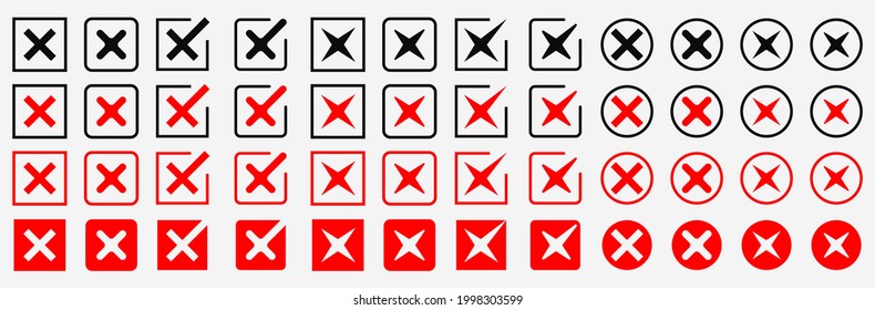 Vector black confirm icons set. Large set of flat buttons: green check marks and red crosses. Circle and square, hard and rounded corners.