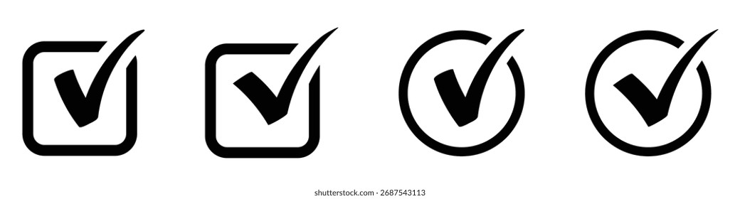 Vector black confirm icons set. Black check mark icon inside square and circle on white background. Check or tick icons. Big set of black check or tick icons for design. Check symbol isolate