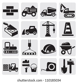 vector black construction icon set on gray