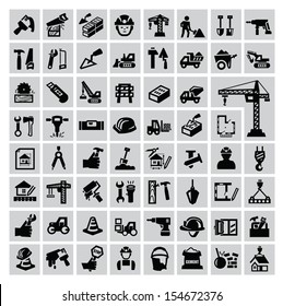 vector black construction icon set on gray