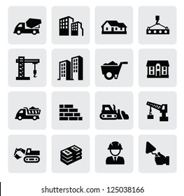 vector black construction icons set on gray