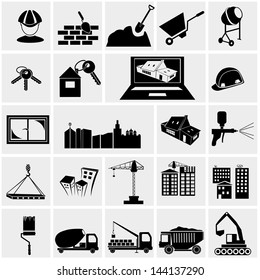 vector black construction icons set on gray