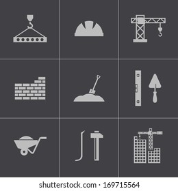 Vector black construction icons set on gray background