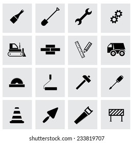 Vector black construction icons set on grey background