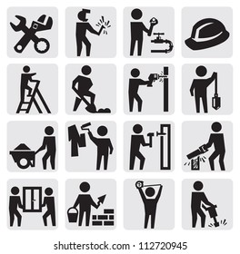 Vector Black Construction People Icon Set On Gray