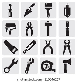 vector black construction tools icons set on gray