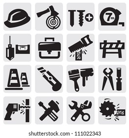 vector black construction tools icons set on gray