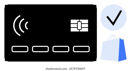 Vector of a black contactless payment card with a chip, a checkmark, and a shopping bag with S icon. Ideal for online shopping, digital transactions, security, e-commerce, and fintech