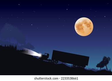 vector black container truck driving on the local road on dark forest  and big  fullmoon. holloween background