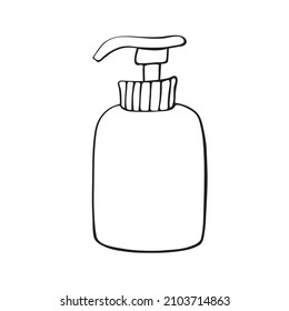 Vector black contour of bottle with dispenser, cosmetic bottle, sanitizer, hand soap in doodle style. Clip art on theme beauty, cleansing, care, protection against germs