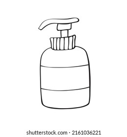 Vektor schwarze Kontur der Flasche mit Spender, Kosmetikflasche, Sanitizer, Handseife im Doodle-Stil. Videokunst zum Thema Schönheit, Reinigung, Pflege, Schutz gegen Keime