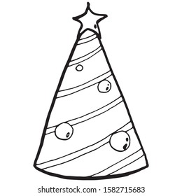 Vector black contour of christmas simple tree with balls and star. Christmas winter illustration for children, adult coloring books.