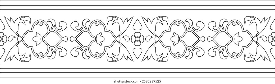 Vector black contour endless Turkish national ornament. Seamless ottoman border, frame. Ethnic floral pattern of Seljuk Turks. Decoration of the Sultan's palaces.
