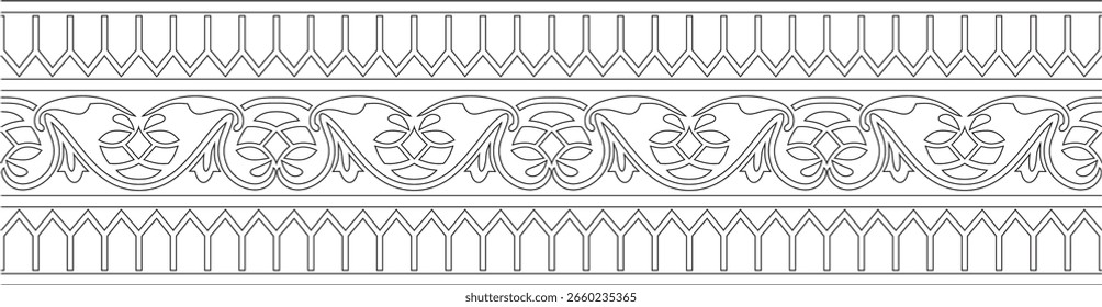 Vector negro contorno interminable ornamento nacional turco. Borde otomano sin costuras, marco. Patrón floral étnico de los turcos selyúcidas. Decoración de los palacios del sultán.
