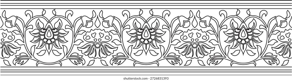 Vektor schwarze Kontur endlosen türkischen nationalen Ornament. Nahtlose ottomanische Grenze, Rahmen. Ethnisches Blumenmuster von Seljuk Turks. Dekoration der Paläste des Sultans.
