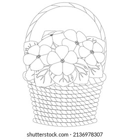 Vector black contour illustration. Coloring page with violet flowers in wicker basket 