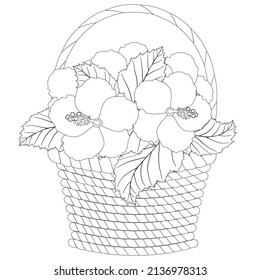Ilustración del contorno negro vectorial. Página de color con flores de hibisco en cesta de mimbre 