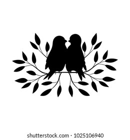 vector black contour silhouette of couple birds on the tree
