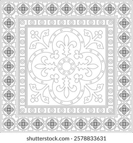 Vector black contour square gothic ornament. Medieval European rectangle, border. Classic pattern of the Germans, Angles, Saxons, Franks.
