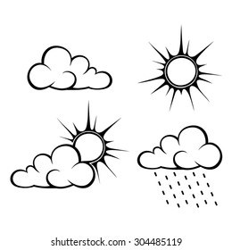 Vector black contours of weather symbols: clouds, sun and rain.