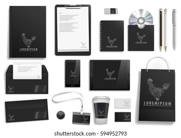 Vector  black corporate mock up. Set items with the tablet, cover, business card, bag, envelope, pencil and pen.