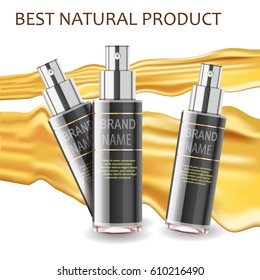 Vector black cosmetic packs set with oil splashes, mock up design