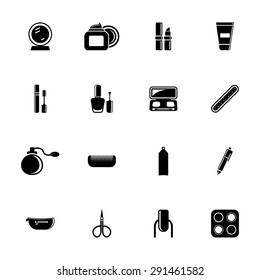 Vector black cosmetics, make-up and beauty icons set on white background