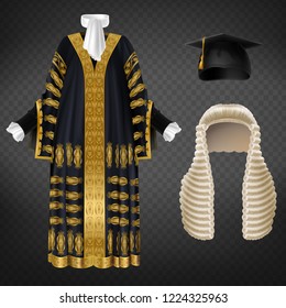 Vector black court gown with gold decorative embroidery, long wig with curls and mortarboard cap, isolated on background. Set of judicial ceremonial clothing, uniform for judges and barristers