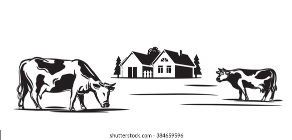 vector black cow and farm on white background