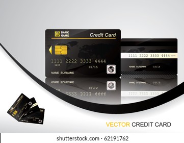 Tarjeta de crédito negra vectorial, vista frontal y posterior