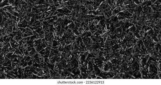 Vector black crinkle cut paper texture. Craft paper shred pattern. Dark cardboard stripe shape. Post box filler. Natural cut material for postal package. Recycle corrugated cardboard banner. Confetti