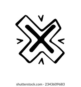 Estilo de doodle de cruz negra vectorial. Icono aislado del indicador de ubicación en el fondo blanco. Elemento de diseño de puntero dibujado a mano. Signo de navegación.