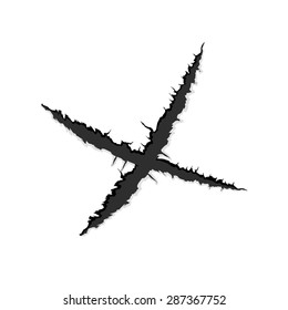 Vector black crosswise vertical trace of monster claw, hand scratch ,rip through,break through  with shadow and light isolated on white background