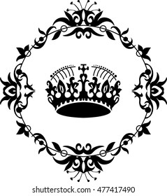 Vector black crown icon isolated on white in floral round frame. Elegant style design