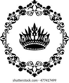 Icono de corona negra de Vector aislado en blanco en marco redondo floral. Diseño de estilo elegante